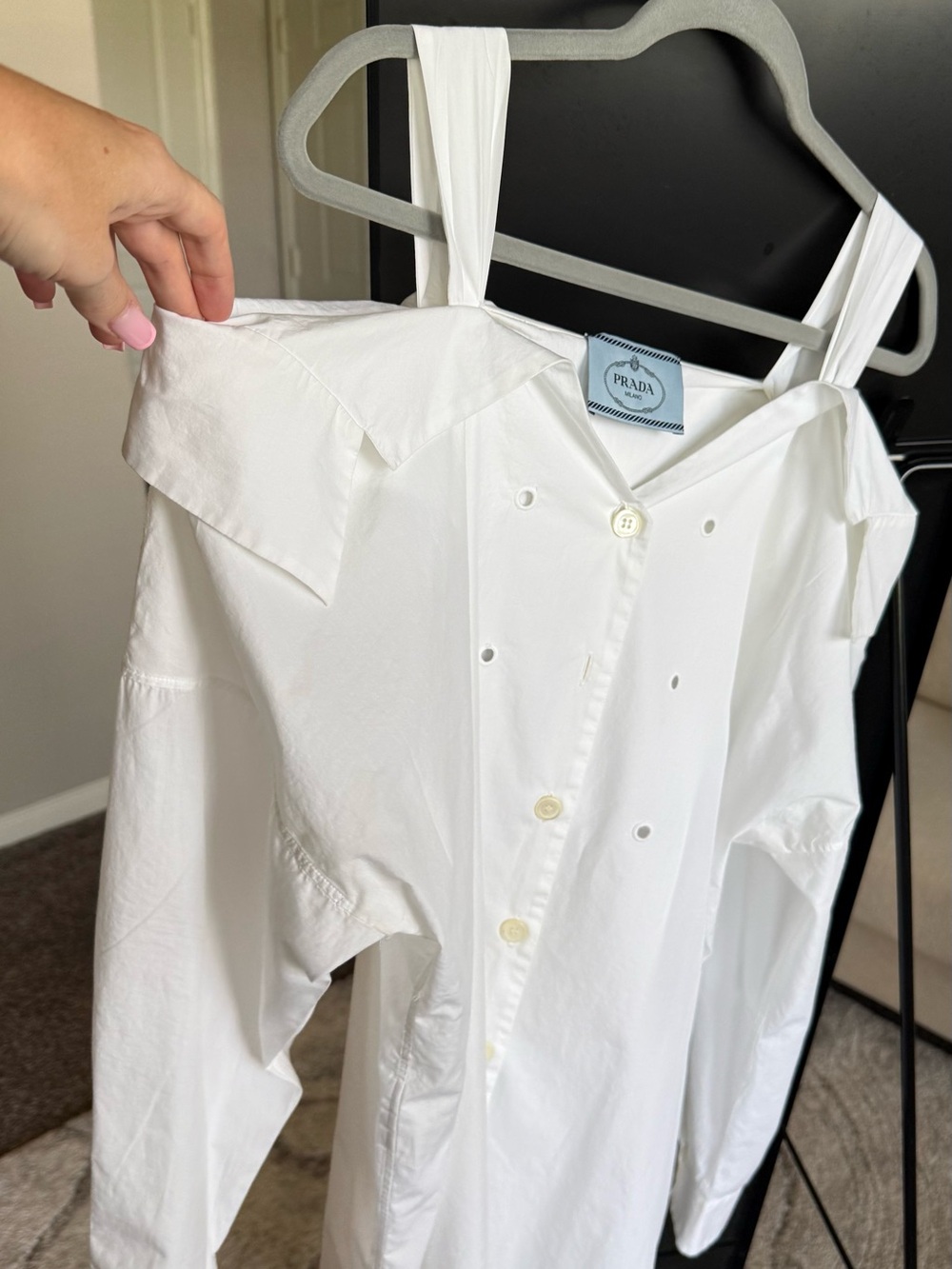 Prada White Cold-Shoulder Button-Front Dress with Waist Tie - Picture 4 of 12